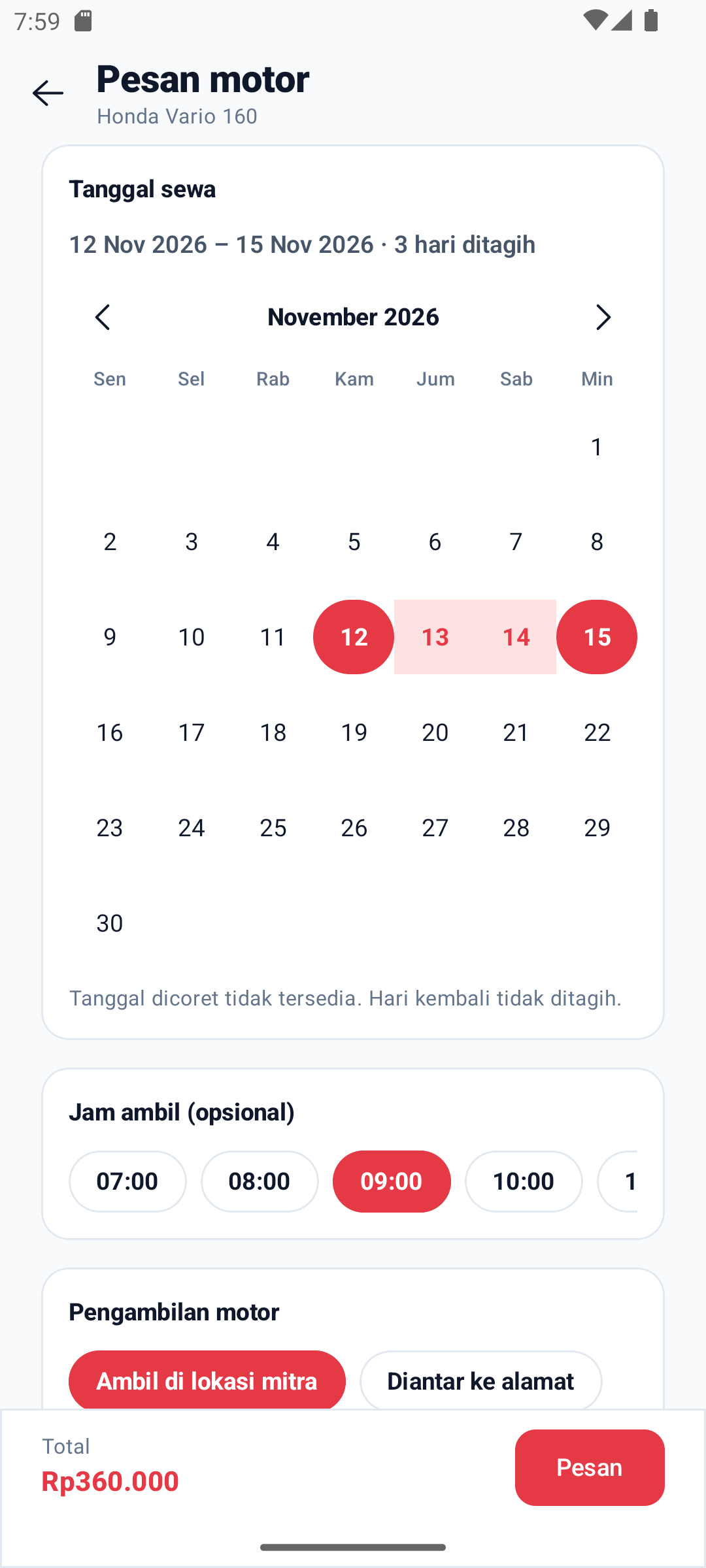 Kalender tanggal sewa dan pilihan pengambilan pada aplikasi